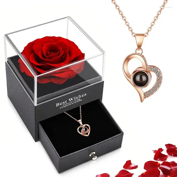 Ensemble collier et boucles d'oreilles avec Projection de Rose, boîte-cadeau, 100 langues, je t'aime, pendentif en forme de cœur, bijoux, accessoires, goutte, 2023