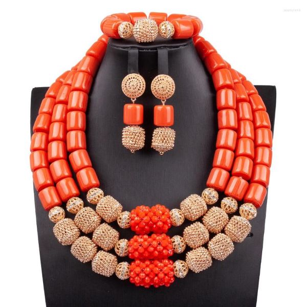 Conjunto de collar y pendientes para mujer, cuentas de Coral Artificial de color naranja puro, joyería de boda generosa de 3 capas, novia nigeriana 2023