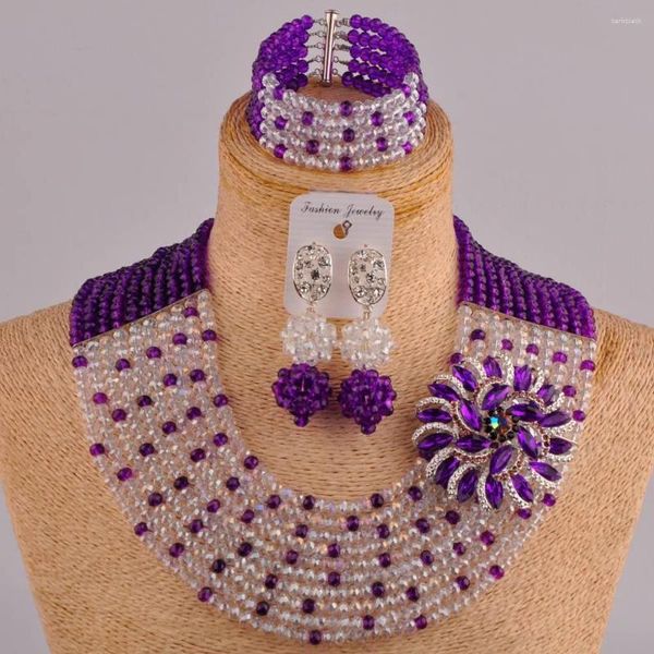 Conjunto de aretes de collar, joyería africana Ab púrpura y transparente, cuentas de boda nigerianas 10SZ