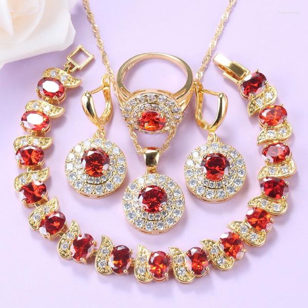 Conjunto de collar y pendientes de Color dorado de calidad para mujer y pulsera, conjuntos de anillos de boda de granate rojo, disfraz nupcial de 8 colores