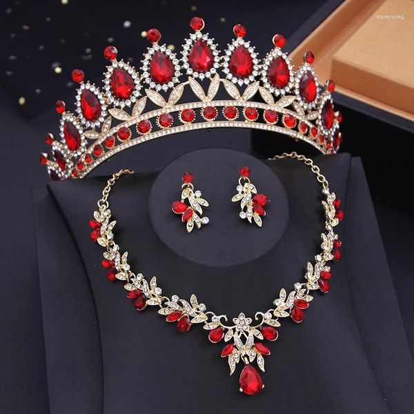 Ensemble de collier et boucles d'oreilles, couronne diadème en cristal rouge de qualité avec pendentif, princesse de mariage, cadeaux de mariée pour filles