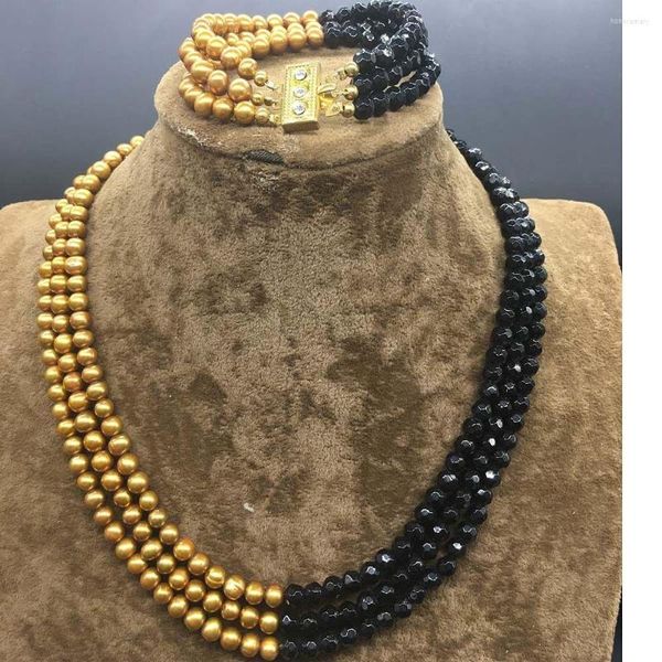 Ensemble collier et boucles d'oreilles en perles de culture d'eau douce marron véritable, bracelet en onyx noir