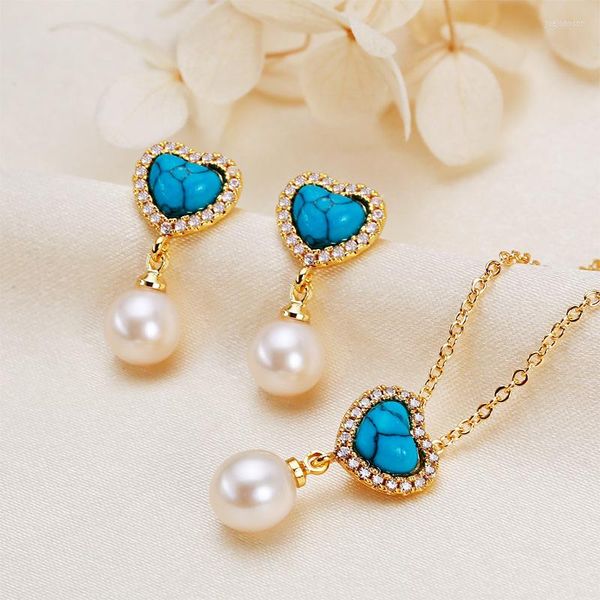 Collana Orecchini Set Vera perla d'acqua dolce Stud Clavicola Catena Blue Heart Eardrops All-Fiammifero Gioielli Regalo di Natale per le donne