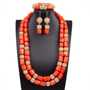 Ensemble de collier et boucles d'oreilles en perles de corail naturelles, bijoux Double couche, mariage africain et nigérian, CNR364, en vente