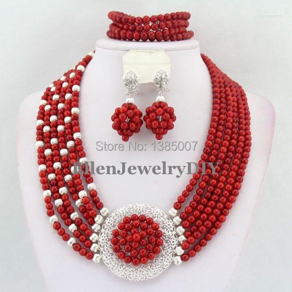 Orecchini di collana impostati per perle di gioielli corallini africani rossi perle nigeriane tl1650