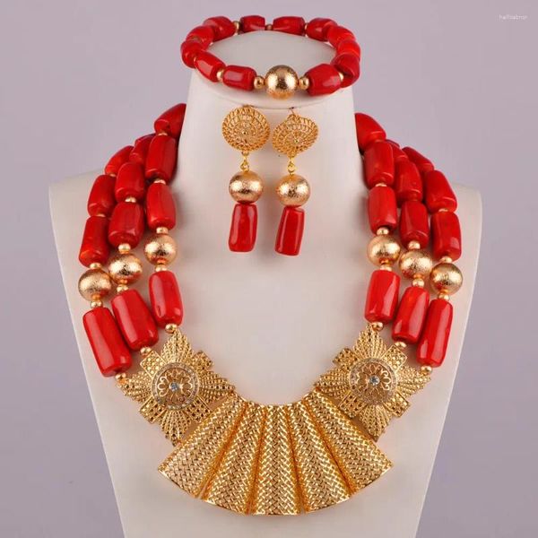 Collar Pendientes Conjunto Rojo Coral Cuentas Joyería Nigeriano Boda Traje Joyería Africana Nupcial