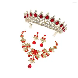 Conjunto de pendientes de collar, accesorios de disfraz de fiesta de graduación rojos, joyería de cristal para mujer, novia elegante