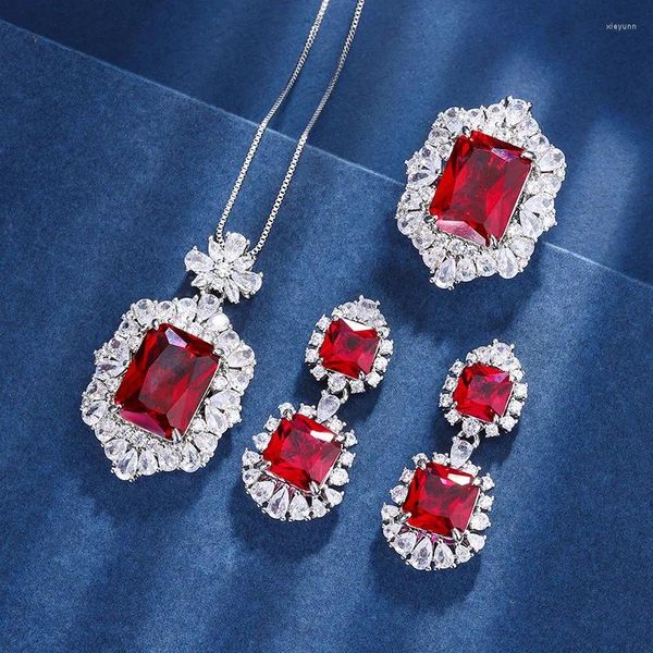 Conjunto de collar y pendientes de rubí rojo, circonita cúbica, colgante de circonia cúbica, anillo ajustable, joyería de lujo para mujer
