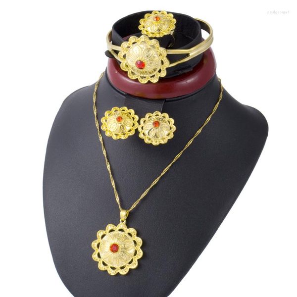Collar Pendientes Conjunto Piedra Roja Habesha África Mujeres Joyería Color Oro Flor Pendiente Boda Novia Etíope Medio Oriente Anillo Árabe