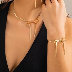 Conjunto de collar y pendientes Retro Color dorado borlas cinta lazo anudado gargantilla cadena de serpiente de acero inoxidable pulsera con lazo regalo del día de la madre