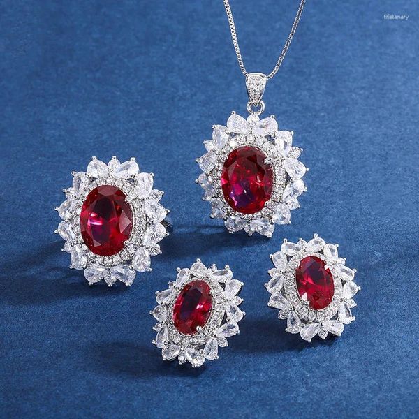 Ensemble de boucles d'oreilles et collier rétro de forme ovale, rubis rouge, réglage micro, pendentif en Zircon cubique clair, bague réglable, bijoux