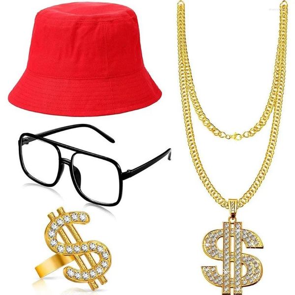 Ensemble collier et boucles d'oreilles rétro pour hommes, tenue de soirée de bal, Cosplay Hip Hop Punk Dollar, chapeau et lunettes de pêcheur