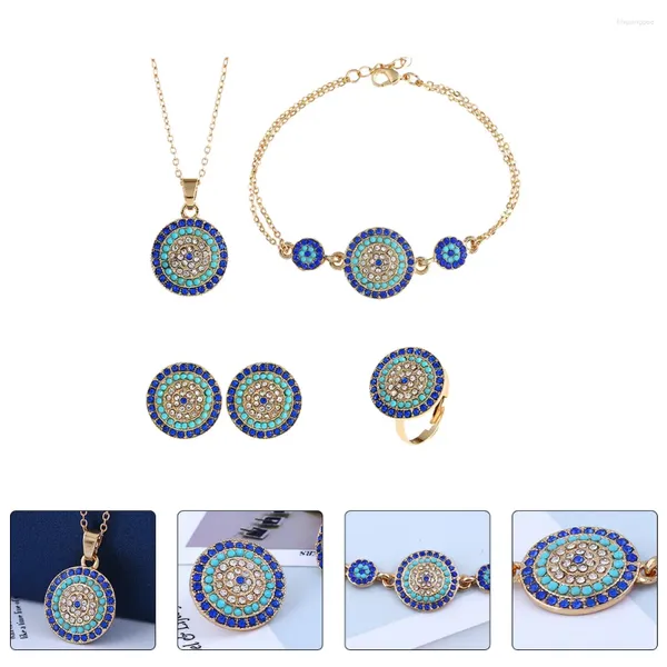 Ensemble de collier et boucles d'oreilles en strass, Bracelet œil bleu turc, Kit de bijoux, breloques de décoration exquises, déclaration en or pour femmes