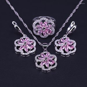 Conjunto de pendientes de collar, flores de cerezo románticas, princesa, Color rosa y plata, joyería para mujer, anillo de gota nupcial