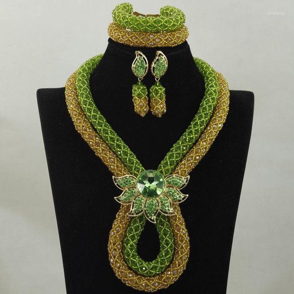 Conjunto de pendientes de collar, cuentas de boda nigerianas de color verde limón romántico, joyería gruesa, traje de oro para mujer WA896