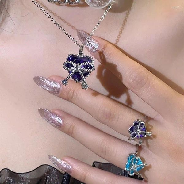 Ensemble collier et boucles d'oreilles romantiques violet bleu, bague tridimensionnelle en forme de cœur en Zircon, nœud à la mode, bijoux de mariage pour femmes