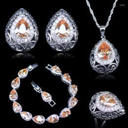 Ketting oorbellen set Rome Royal Vintage Champagne Stone White Crystal Silver Color voor dames hoepelarmbanden sets