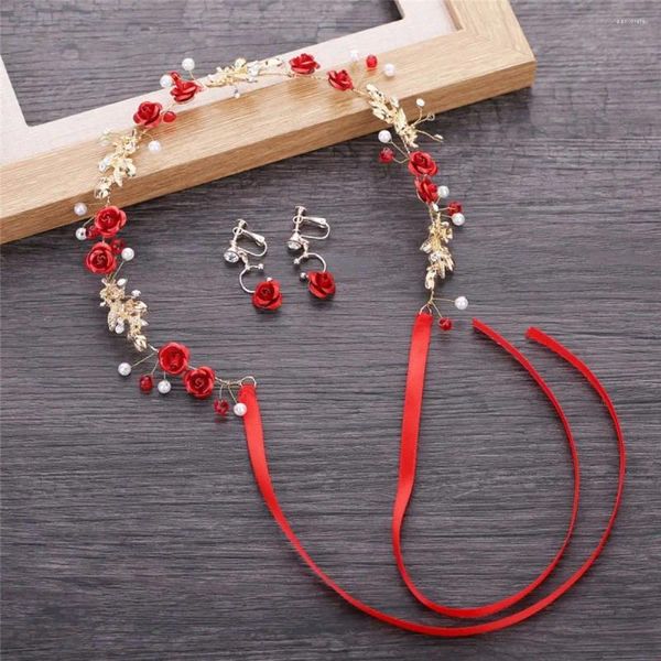 Collier boucles d'oreilles ensemble Rose fleur couronne bijoux de mariage demoiselle d'honneur bandeau pièce de tête avec ruban perle mariée bandeau boucle d'oreille cristal rouge