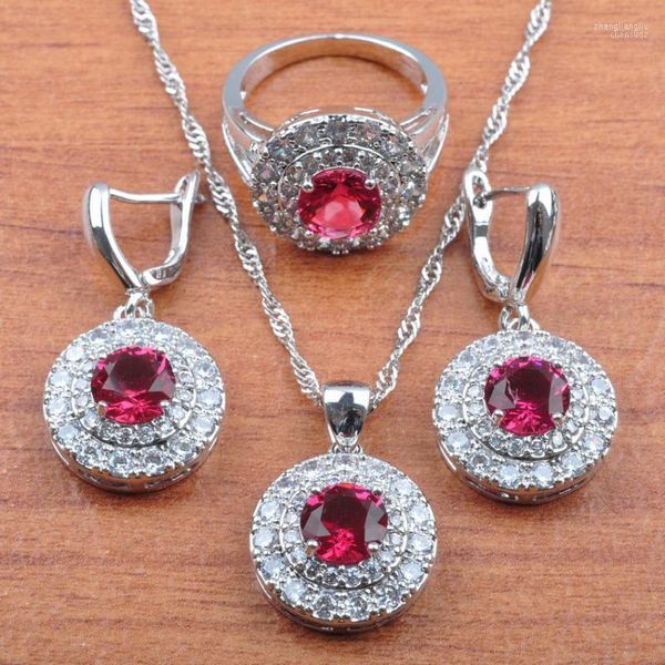 Collier boucles d'oreilles ensemble Rose rouge zircone femmes mariage bijoux de mariée pendentif anneau JS0272