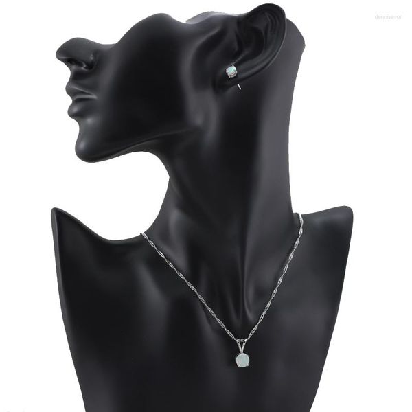 Ensemble collier et boucles d'oreilles, pendentif rond en opale de feu blanche et clou de 6 mm, mariage en argent