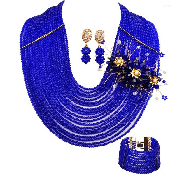 Ensemble collier et boucles d'oreilles bleu Royal, 20 couches de perles de cristal, Bracelet de Costume de mariée africaine