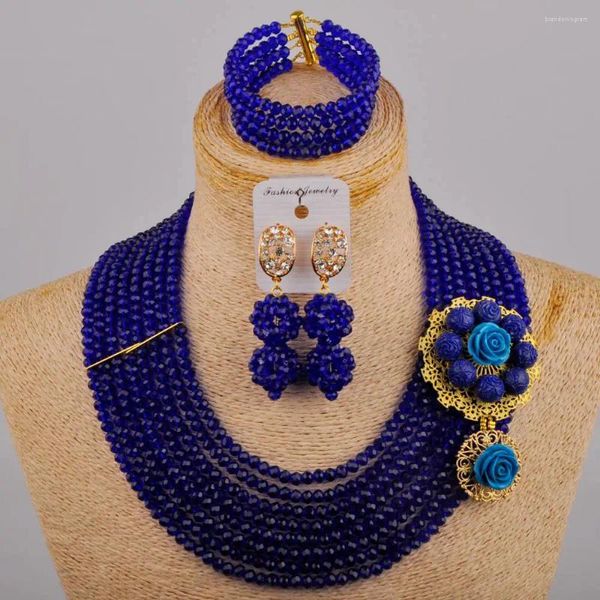 Ensemble collier et boucles d'oreilles bleu Royal, perles africaines, bijoux en cristal, mariage nigérian, mariée