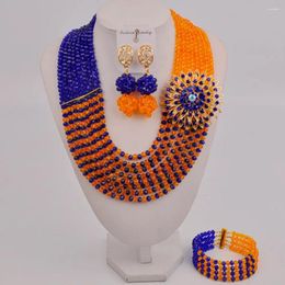 Ensemble collier et boucles d'oreilles en perles africaines bleu Royal et Orange, bijoux en cristal