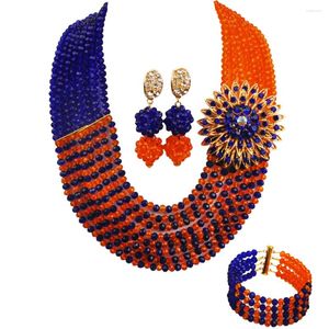 Ensemble collier et boucles d'oreilles en perles de cristal bleu Royal et Orange, bijoux africains pour mariée nigériane