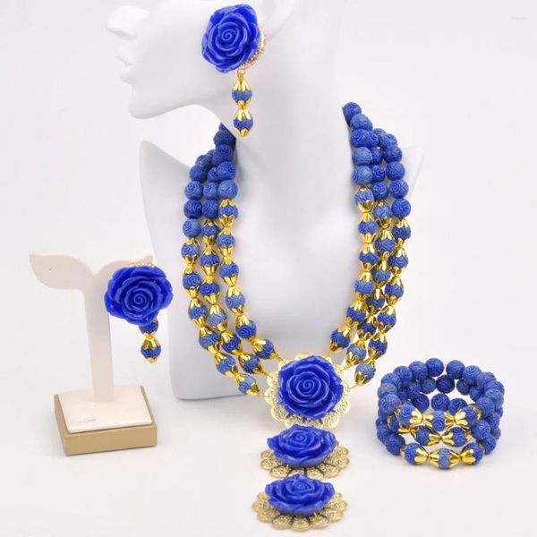 Ensemble collier et boucles d'oreilles en perles de corail artificielles bleu Royal, bijoux africains, fleur de Costume