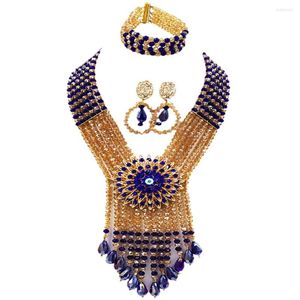 Collar Pendientes Set Royal Blue Champagne Gold AB African Beads Jewelry Crystal Beaded Nigerian Wedding Party 6SDLS02