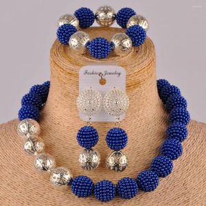 Collier boucles d'oreilles ensemble bleu Royal Costume perles africaines bijoux simulé perle nigérian ensembles de mariage FZZ89