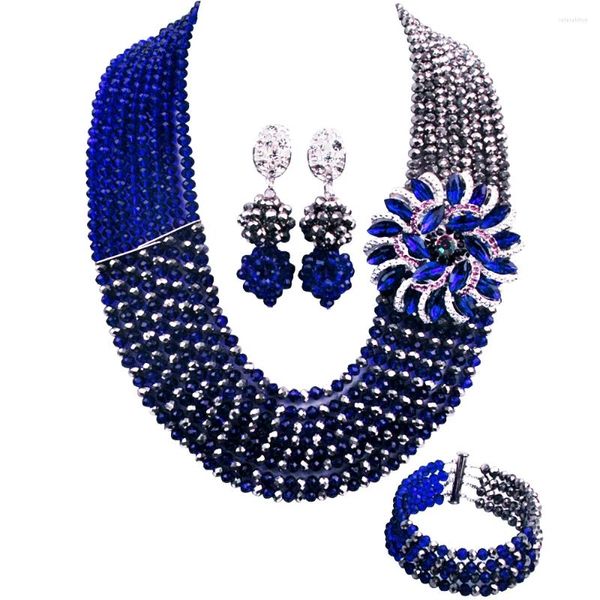 Ensemble collier et boucles d'oreilles bleu Royal, Costume pour femmes, perles africaines, bijoux en cristal