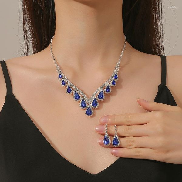 Collier boucles d'oreilles ensemble bijoux en cristal bleu Royal pour femmes colliers d'amour éternel accessoire mariage anniversaire anniversaire jour cadeau