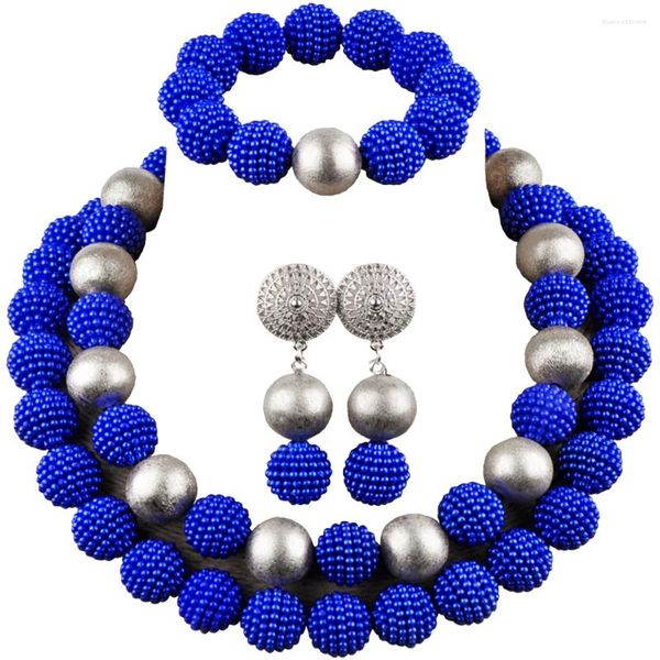 Ensemble collier et boucles d'oreilles bleu Royal, bijoux de mariage nigérian en perles africaines