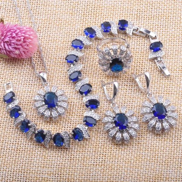 Ensemble de boucles d'oreilles et collier en saphir bleu Royal pour femmes, bijoux en argent Sterling 925, Bracelet, cerceau, pendentif, bague, YZ089