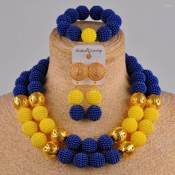 Collier boucles d'oreilles ensemble bleu Royal jaune bijoux africains perles simulées perles nigérianes ensembles de mariage FZZ10