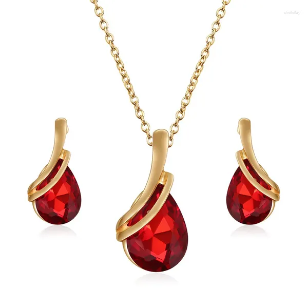 Conjunto de collar y pendientes, joyería de diamantes de imitación de rubí para mujer y niña, boda nupcial, regalo al por mayor de dos piezas
