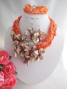 Colliers de boucles d'oreilles Vente !!Africain Wedding Pink Petal Beads Coral avec bracelet et boucle d'oreille pour femmes 20 