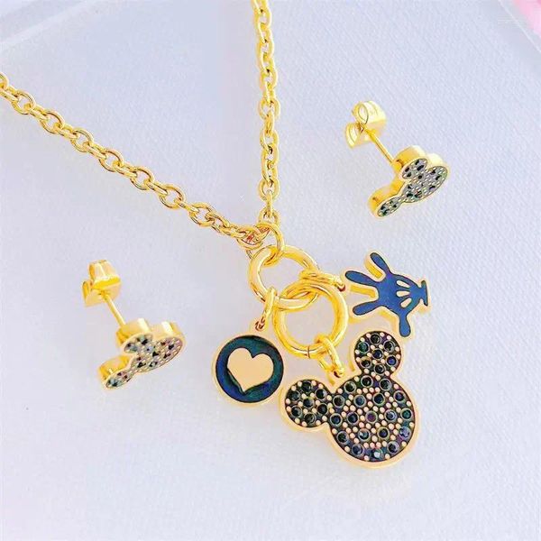 Collar Pendientes Conjunto VENTA CartoonKawaii Mouse Colgante Titanio Cadena de acero con incrustaciones de cristal Moda Mujer Joyería Regalo de cumpleaños