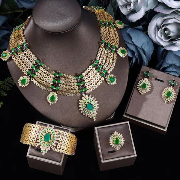 Collier boucles d'oreilles ensemble Arabie Saoudite luxe artisanat de haute qualité zircone africaine bijoux de mariage de mariée cristal vert pour les femmes fête bal 4