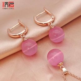 SHENJIANG – ensemble de collier et boucles d'oreilles ronds en œil de chat pour femmes, pendentif de couleur or Rose, à la mode, pour mariage, 585