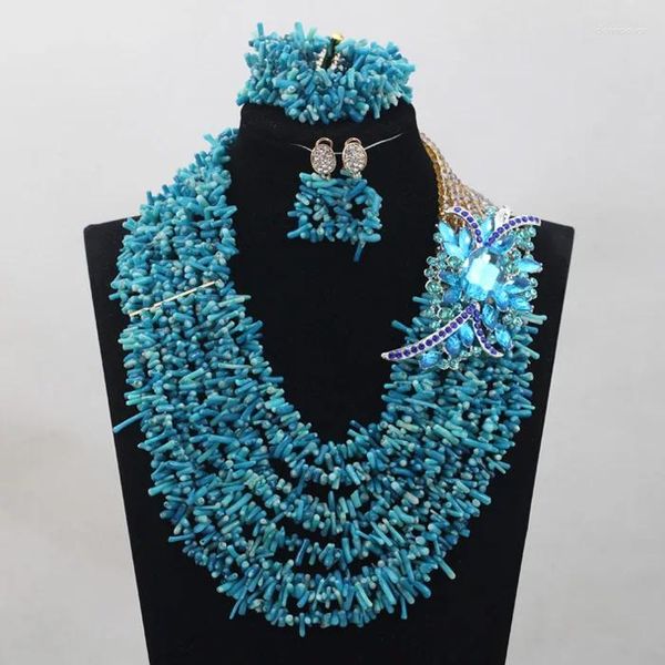 Ensemble collier et boucles d'oreilles en perles de corail bleu brillant, bijoux de mariage, graine, cadeau de cérémonie pour dame, CNR737