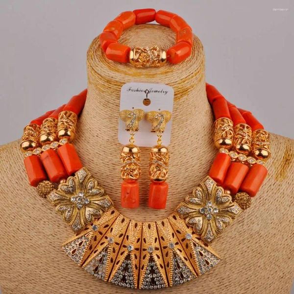 Conjunto de collar y pendientes de cuello corto, joyería de boda nigeriana, Coral Natural naranja, accesorios nupciales africanos, AU-476