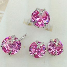 Conjunto de collar y pendientes SHUNXUNZE, accesorios de lujo para ropa de mujer (anillo/pendiente/colgante), circonita cúbica rosa chapada en rodio R887Set