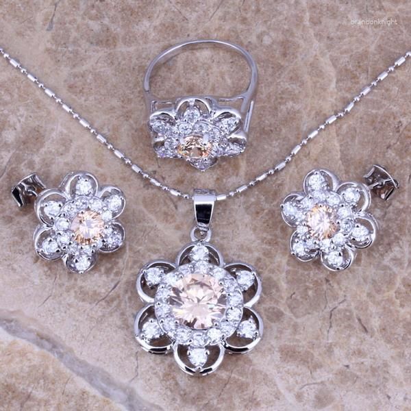 Collier Boucles d'oreilles Ensemble Silky Champagne Morganite Blanc CZ Plaqué Argent Pendentif Anneau Taille 6/7/8 S0163