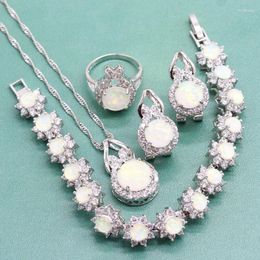 Ketting oorbellen set zilver 925 bruiloft Jewlery sets voor vrouwen witte brand opalen verlovingsring armband gratis sieradendoos