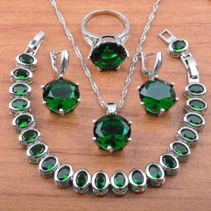 Collier boucles d'oreilles ensemble couleur argent mariage pour femmes naturel vert cristal Bracelet anneau et ensembles JS0109
