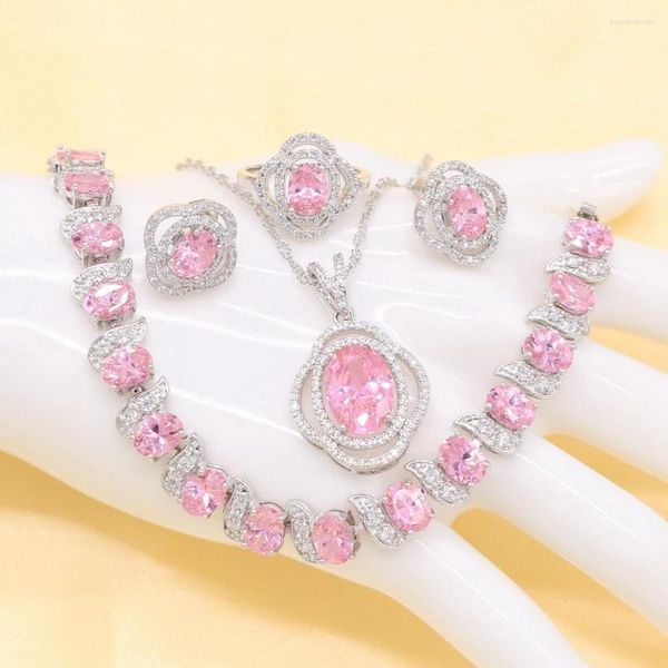 Conjunto de collar y pendientes de plata para mujer, pulsera semipreciosa rosa, anillos, colgante, joyería de boda nupcial