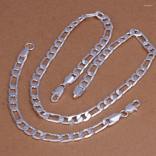 Ensemble de collier et boucles d'oreilles, Bracelets plaqués argent, chaîne de 8MM, mode de mariage de noël, breloque pour hommes et femmes