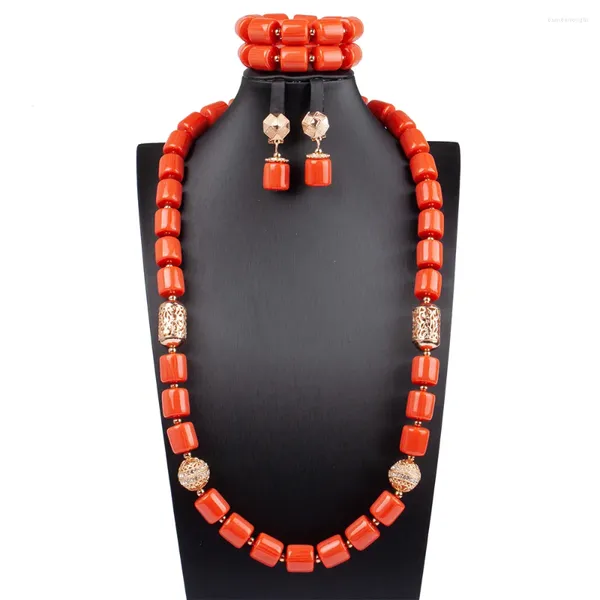 Conjunto de collar y pendientes para mujer, cuentas de Coral artificiales simples, pulsera larga, joyería hecha a mano para boda africana en Nigeria